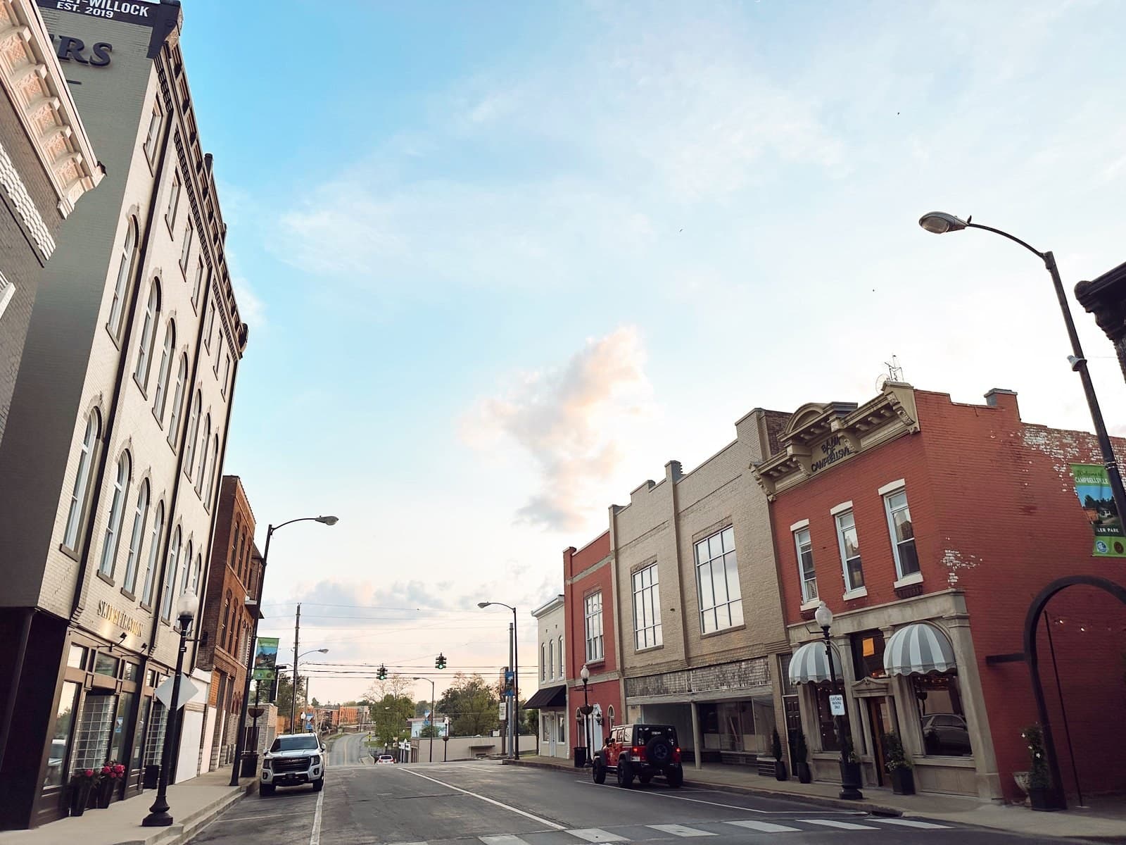 A small-town Kentucky main street at golden hour